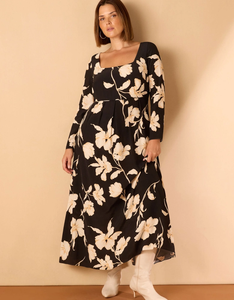 Black Floral Square Neck Midaxi Dress