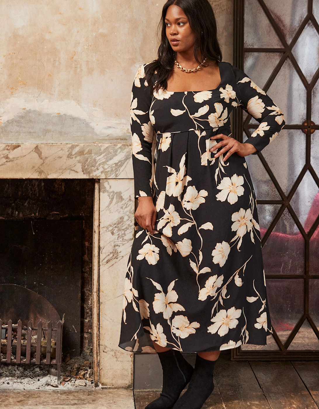 Black Floral Square Neck Midaxi Dress