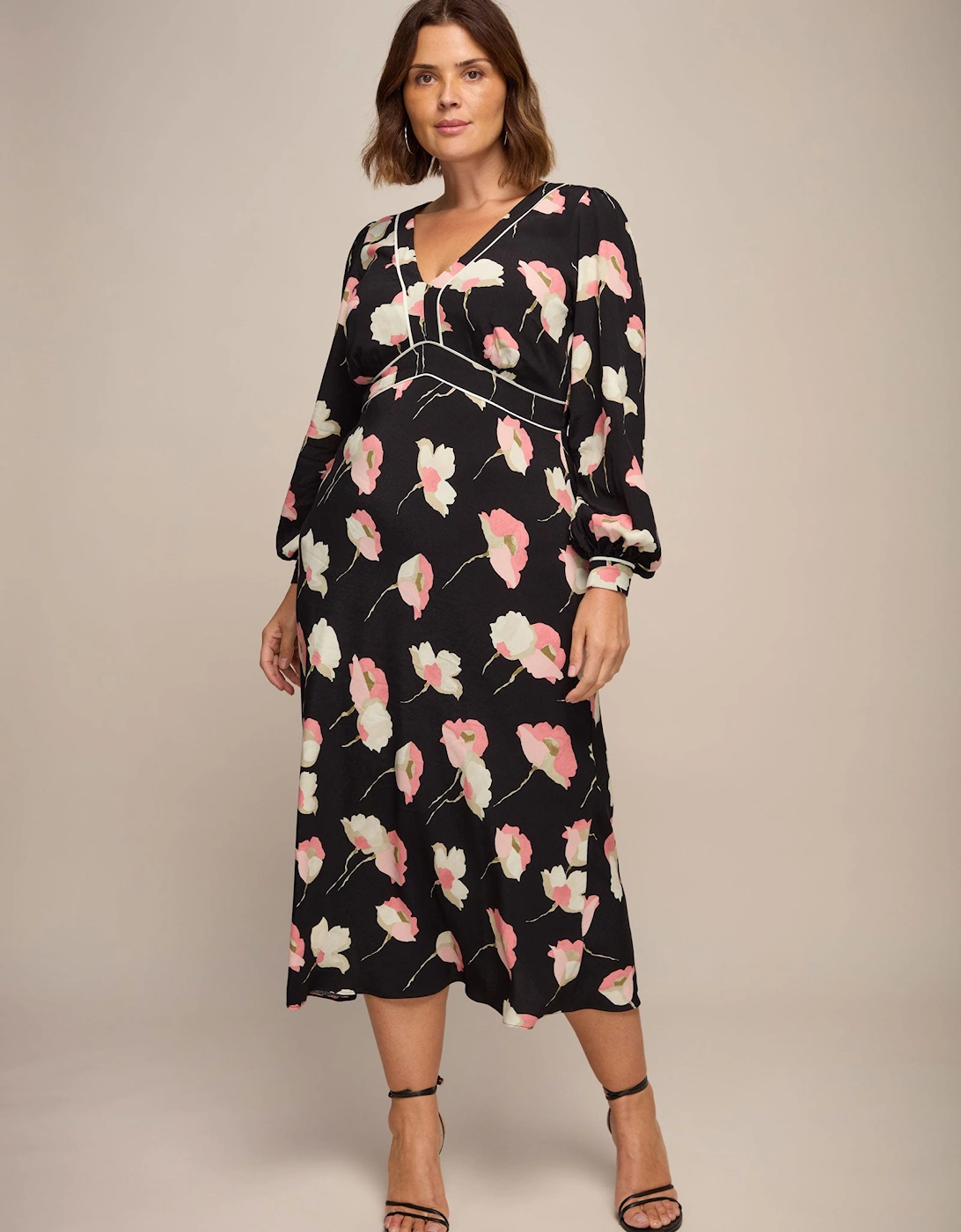 Black Floral Print Empire Midi Dress With Piping Detail