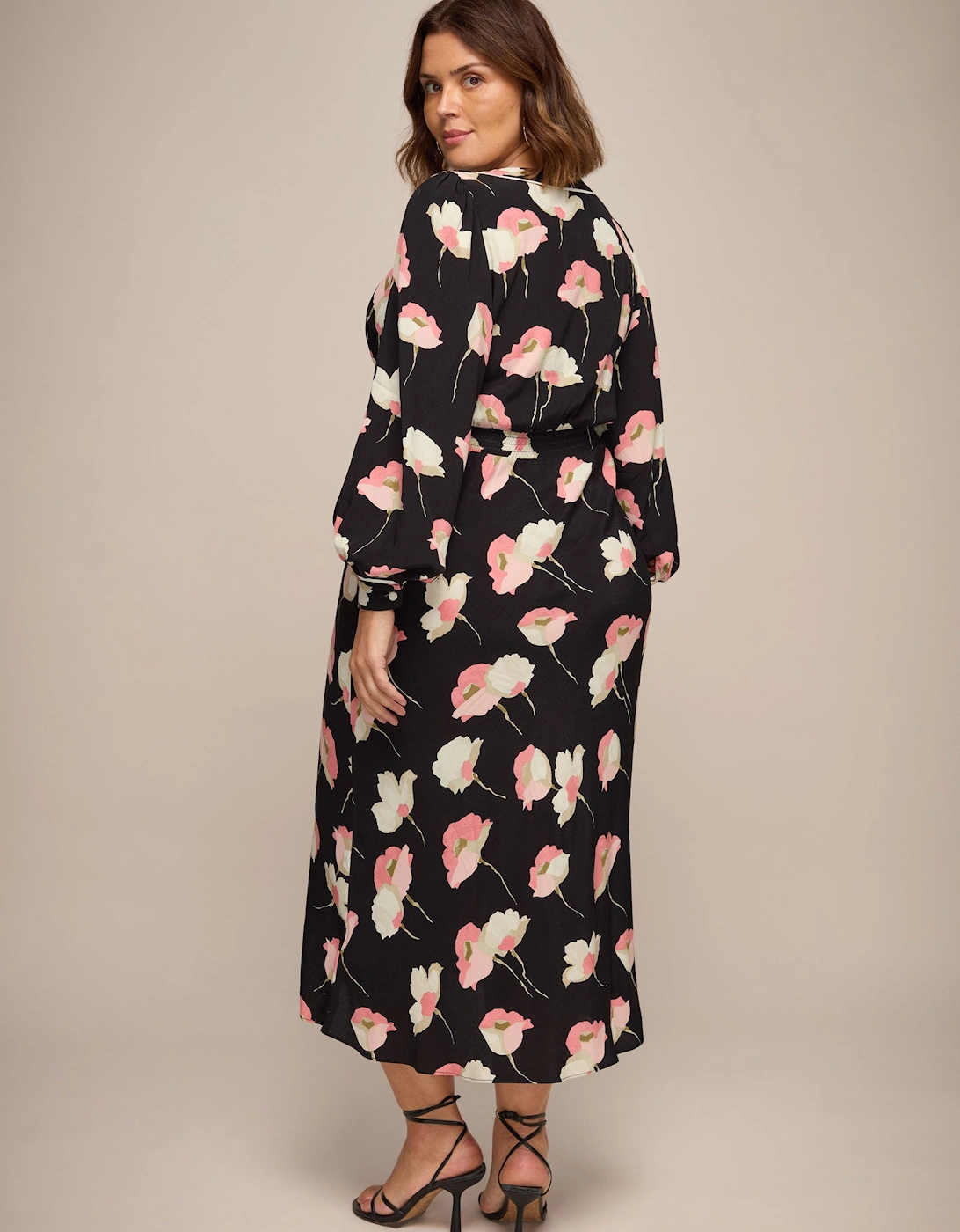 Black Floral Print Empire Midi Dress With Piping Detail
