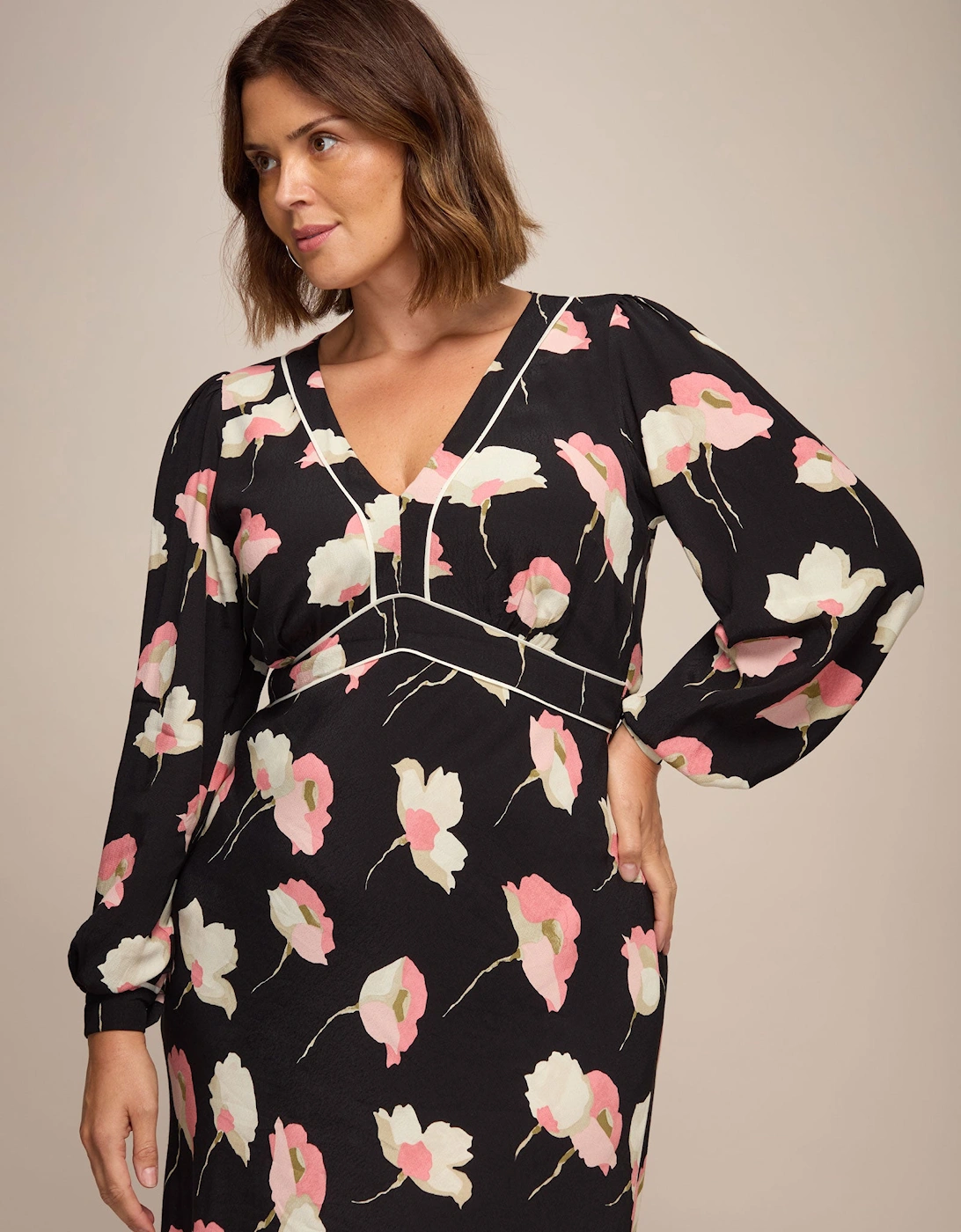 Black Floral Print Empire Midi Dress With Piping Detail