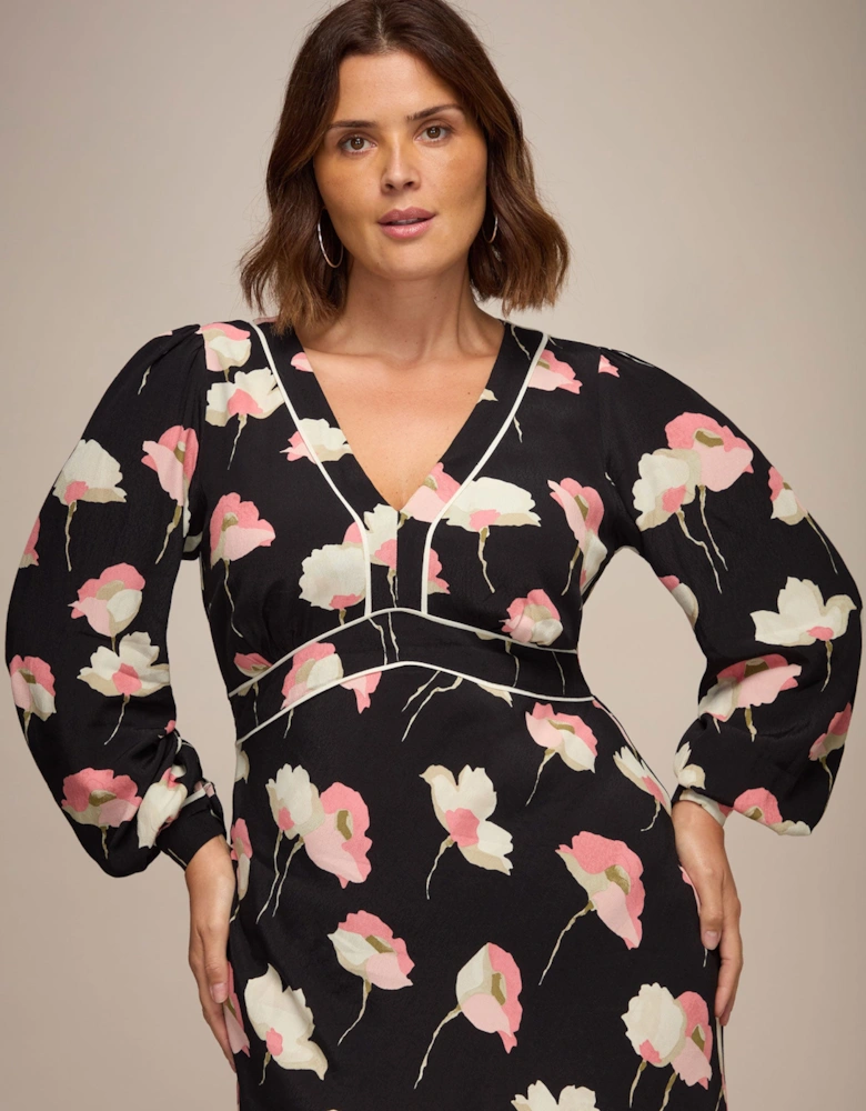 Black Floral Print Empire Midi Dress With Piping Detail