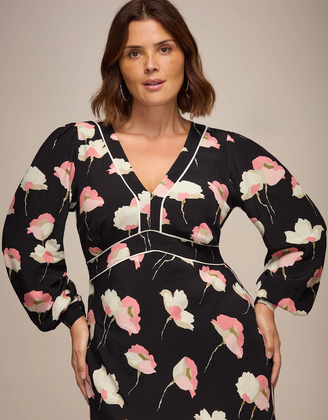 Black Floral Print Empire Midi Dress With Piping Detail