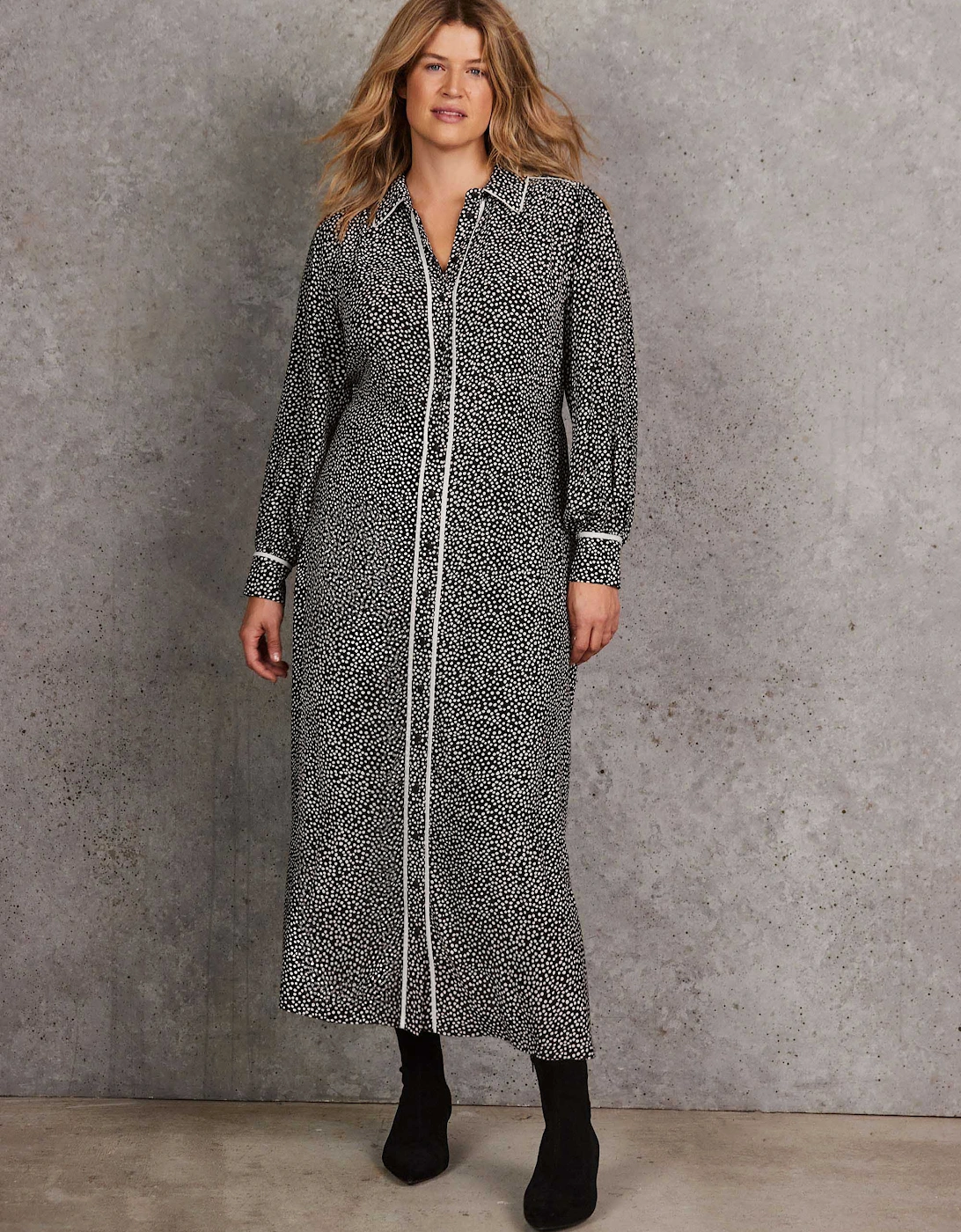 Black Spot Print Maxi Shirt Dress