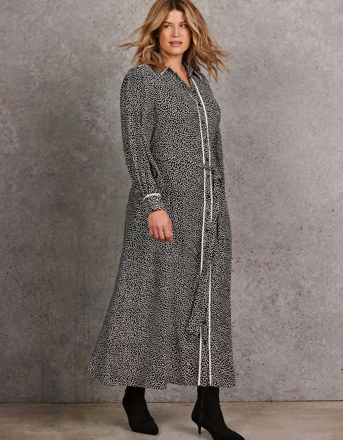 Black Spot Print Maxi Shirt Dress