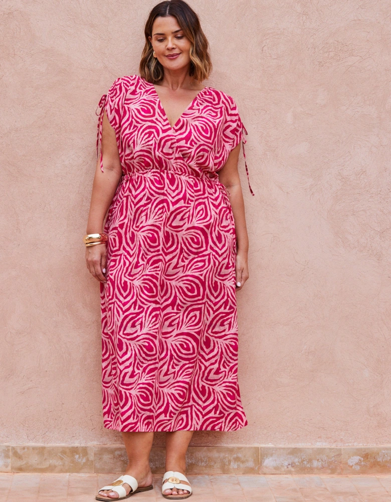 Pink Abstract Print Gathered Sleeve Midi Dress