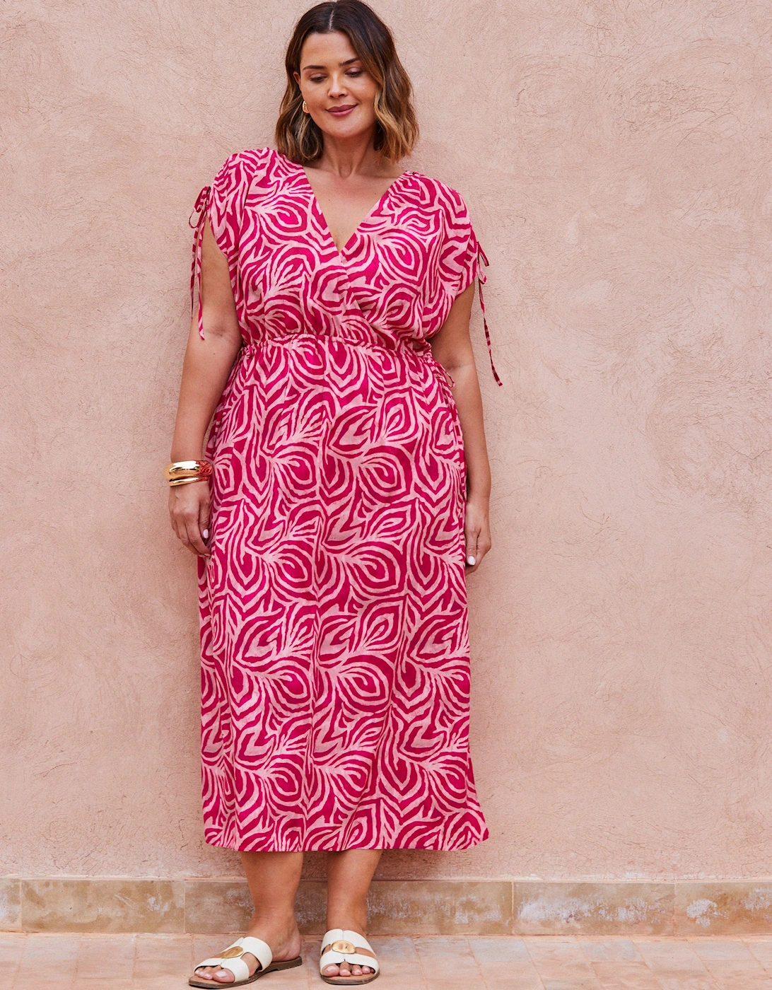 Live Unlimited London Live Unlimited London Women's Pink Abstract Print Gathered Sleeve Midi Dress