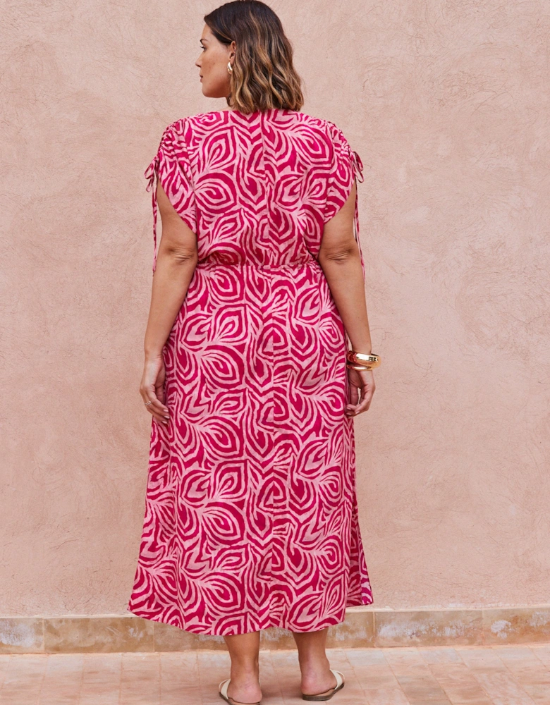 Pink Abstract Print Gathered Sleeve Midi Dress