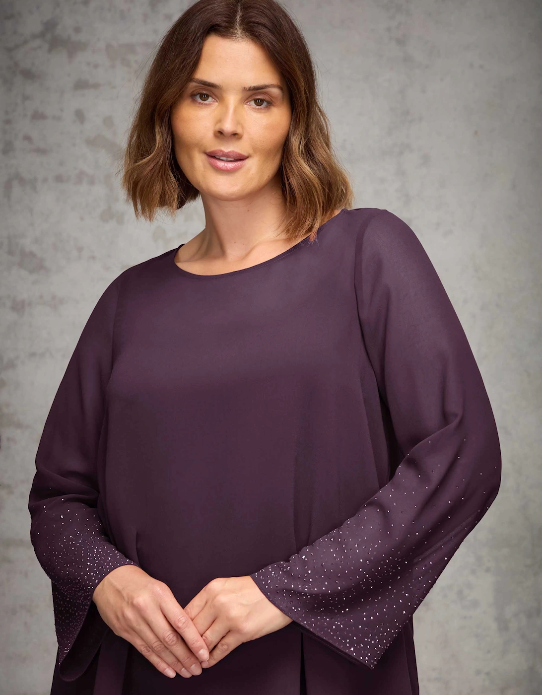Plum Sheer Embellished Sleeve Layered Tunic, 4 of 3