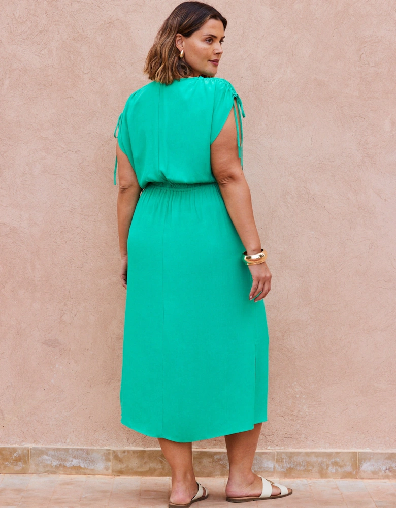 Green Gathered Sleeve Midi Dress