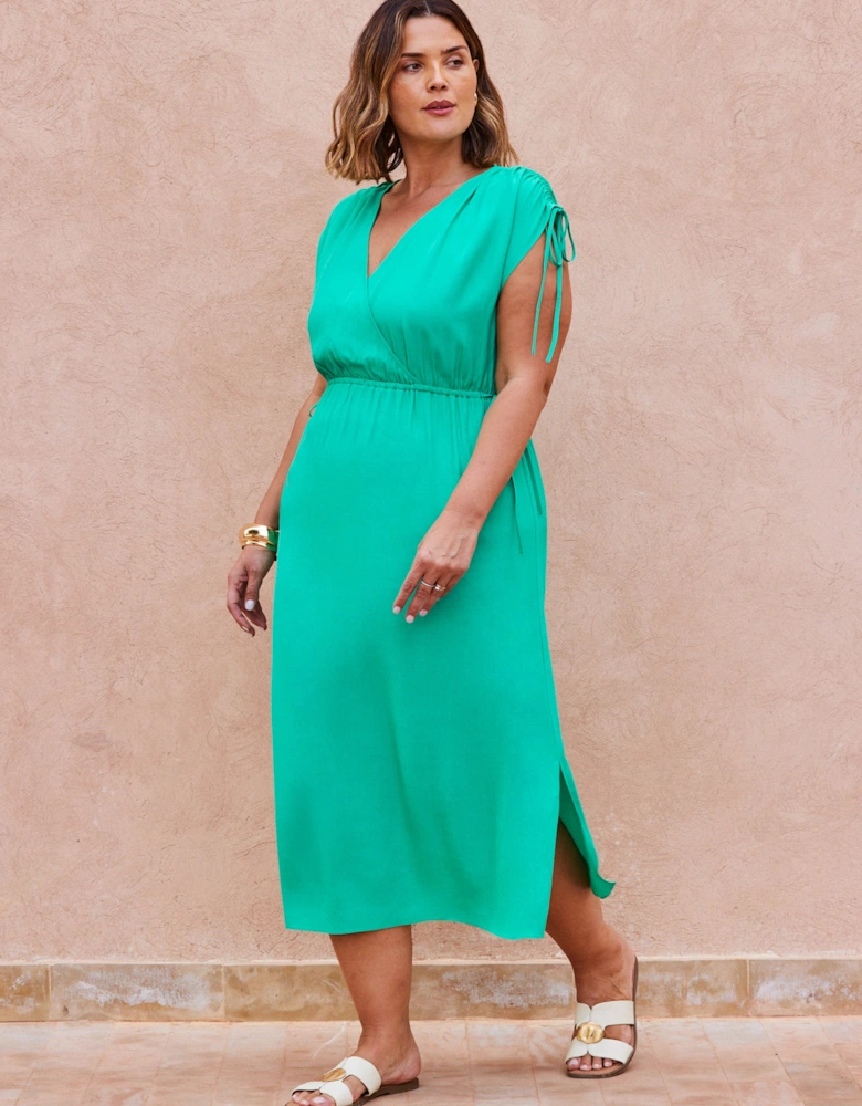 Green Gathered Sleeve Midi Dress