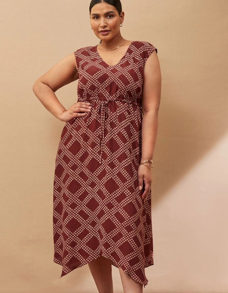 Brown Geo Print V Neck Hanky Hem Dress