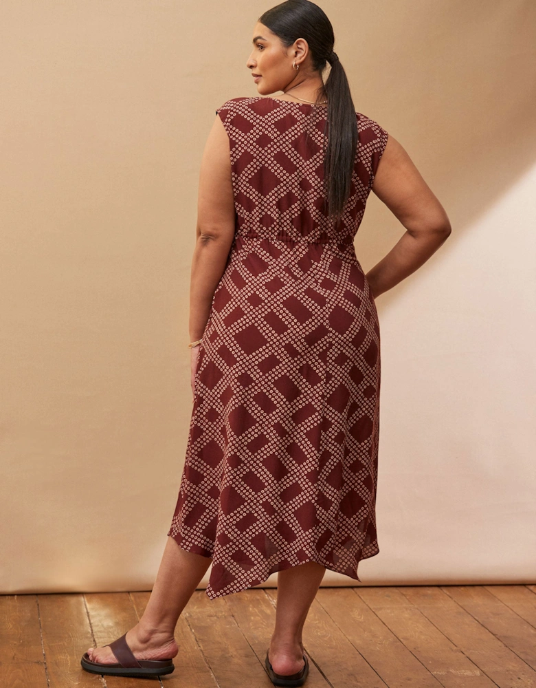 Brown Geo Print V Neck Hanky Hem Dress