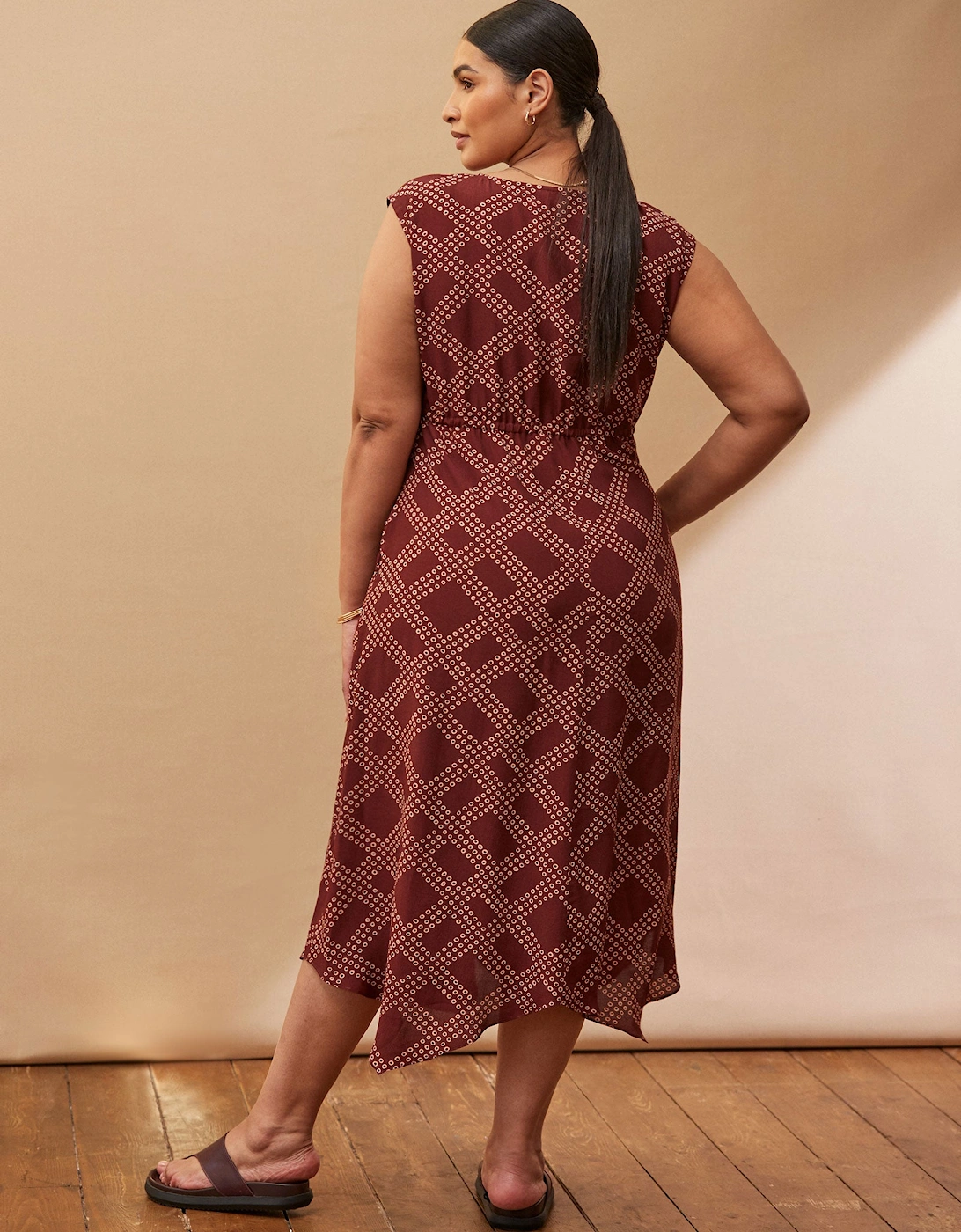 Brown Geo Print V Neck Hanky Hem Dress