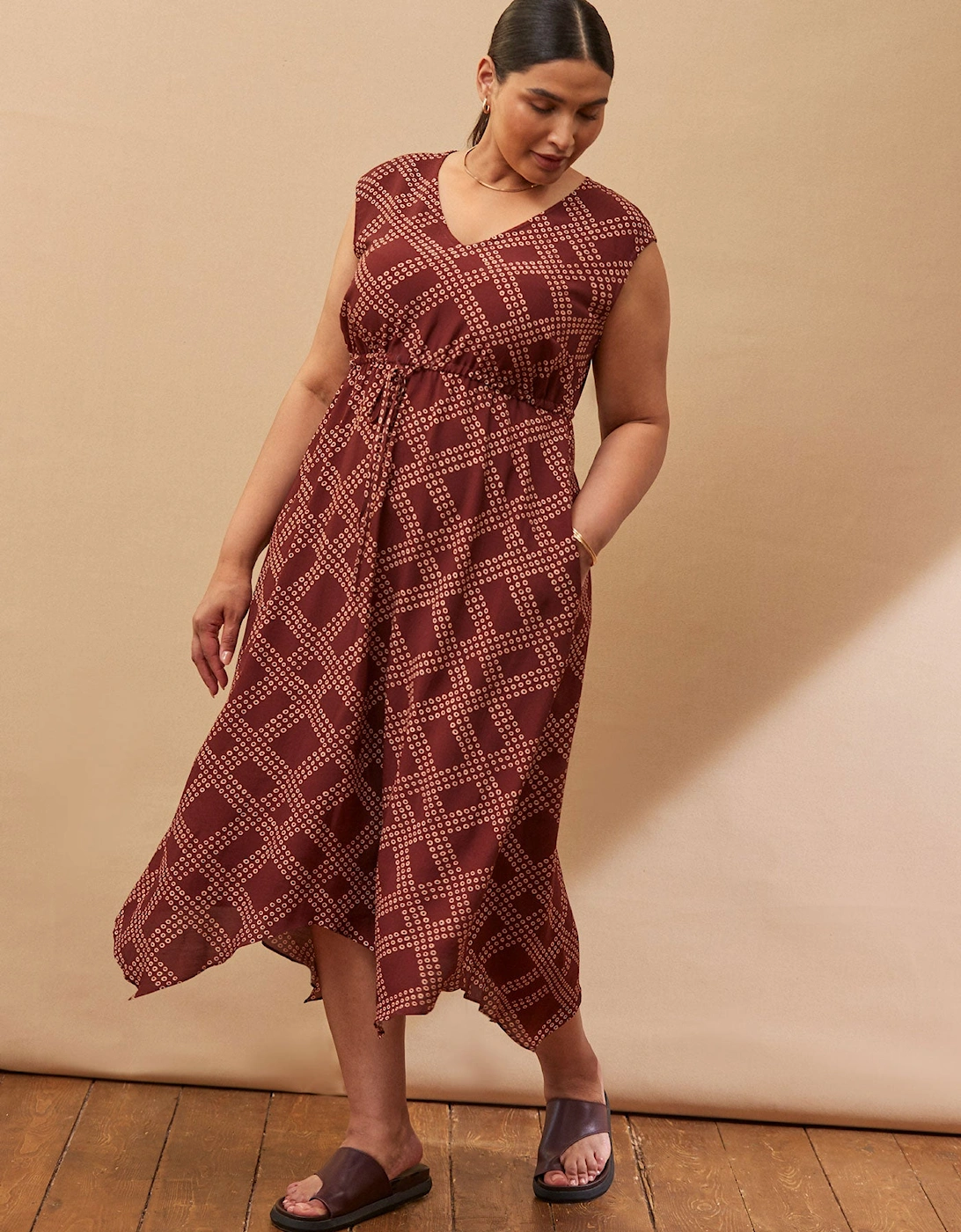 Brown Geo Print V Neck Hanky Hem Dress