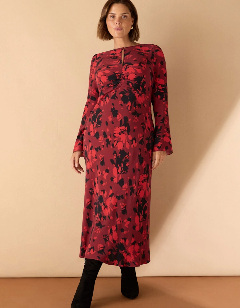 Red Floral Print Ruched Front Maxi Dress