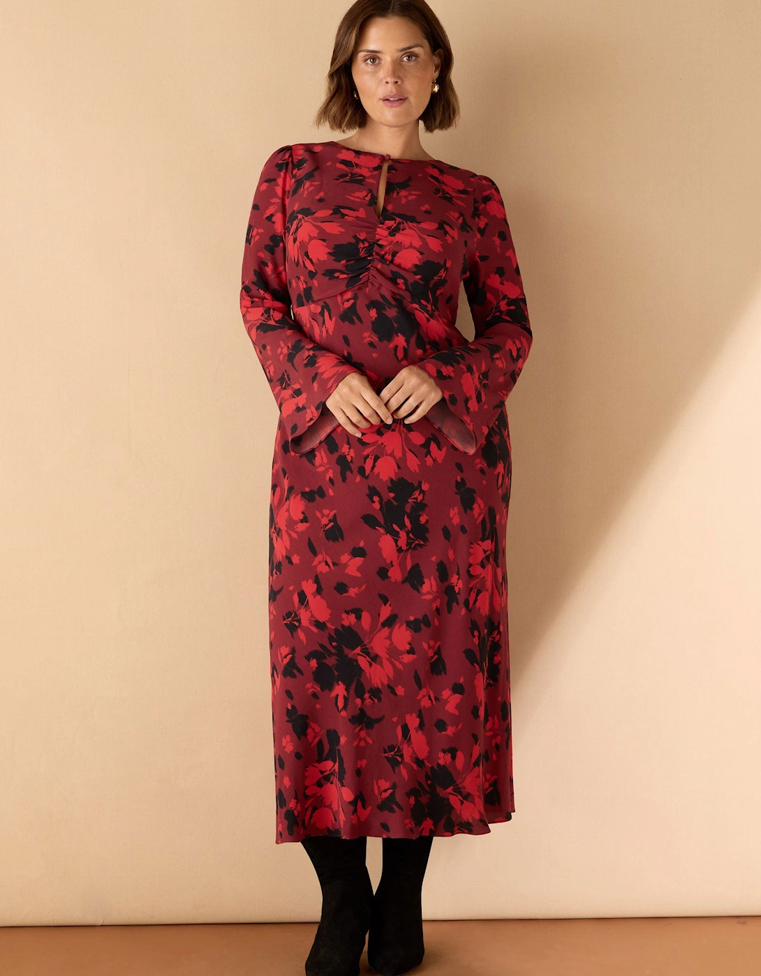 Red Floral Print Ruched Front Maxi Dress