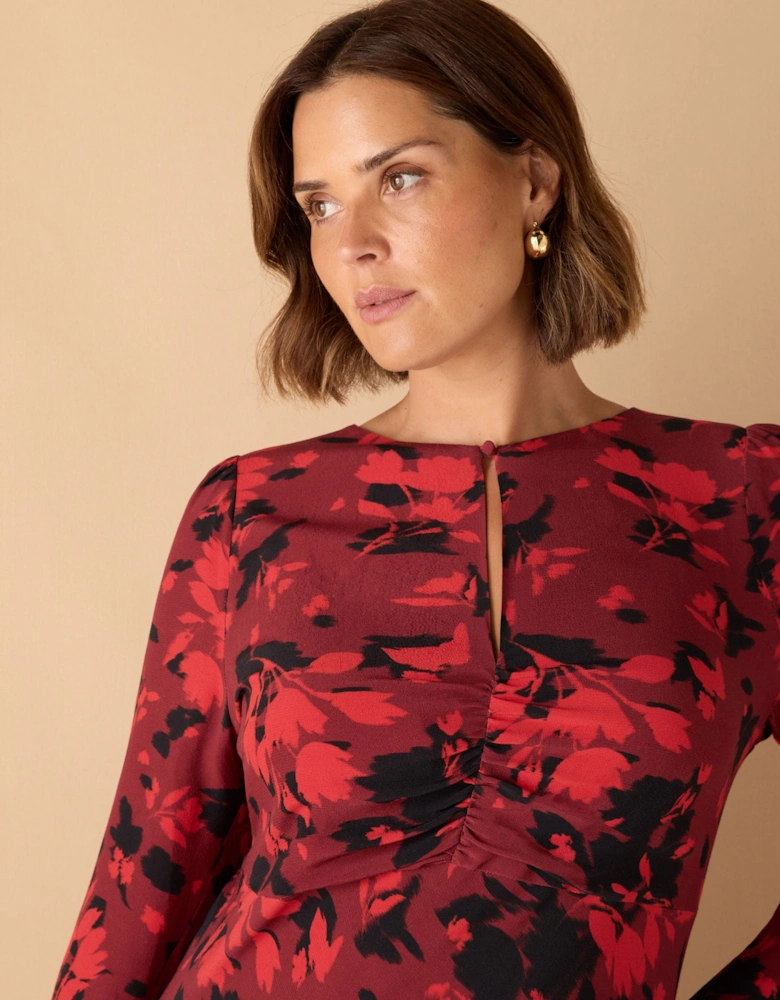 Red Floral Print Ruched Front Maxi Dress