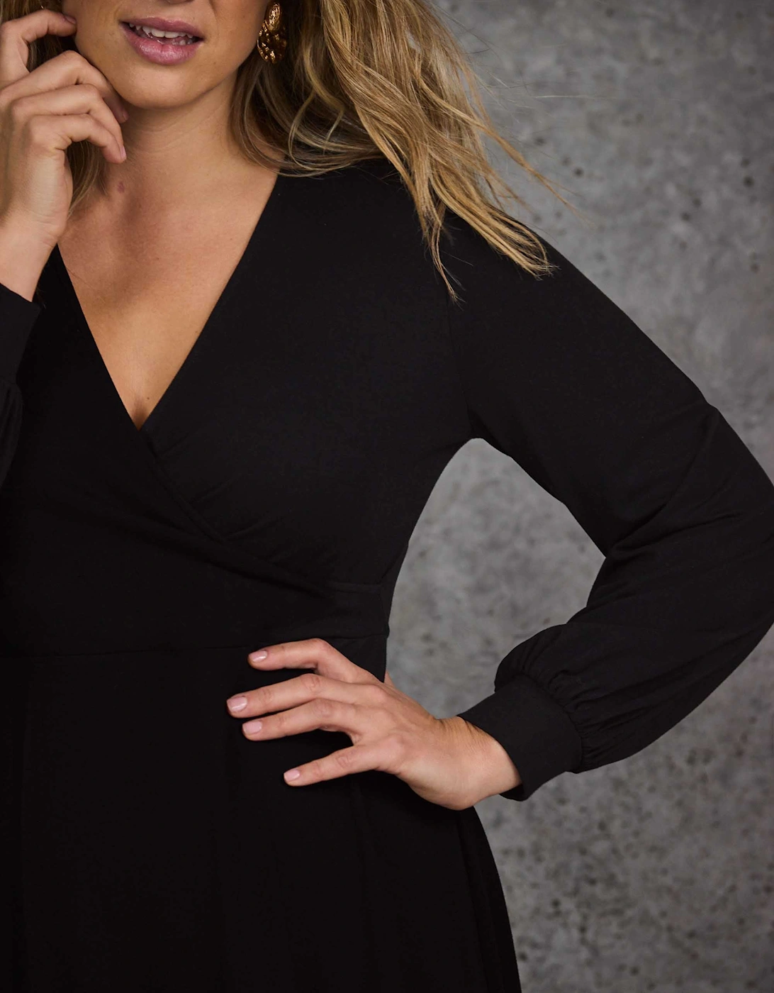 Petite Black Jersey Wrap Midi Dress with Blouson Sleeves