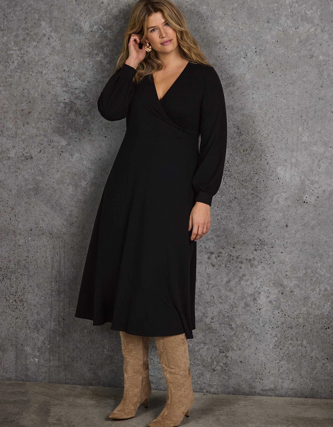 Petite Black Jersey Wrap Midi Dress with Blouson Sleeves