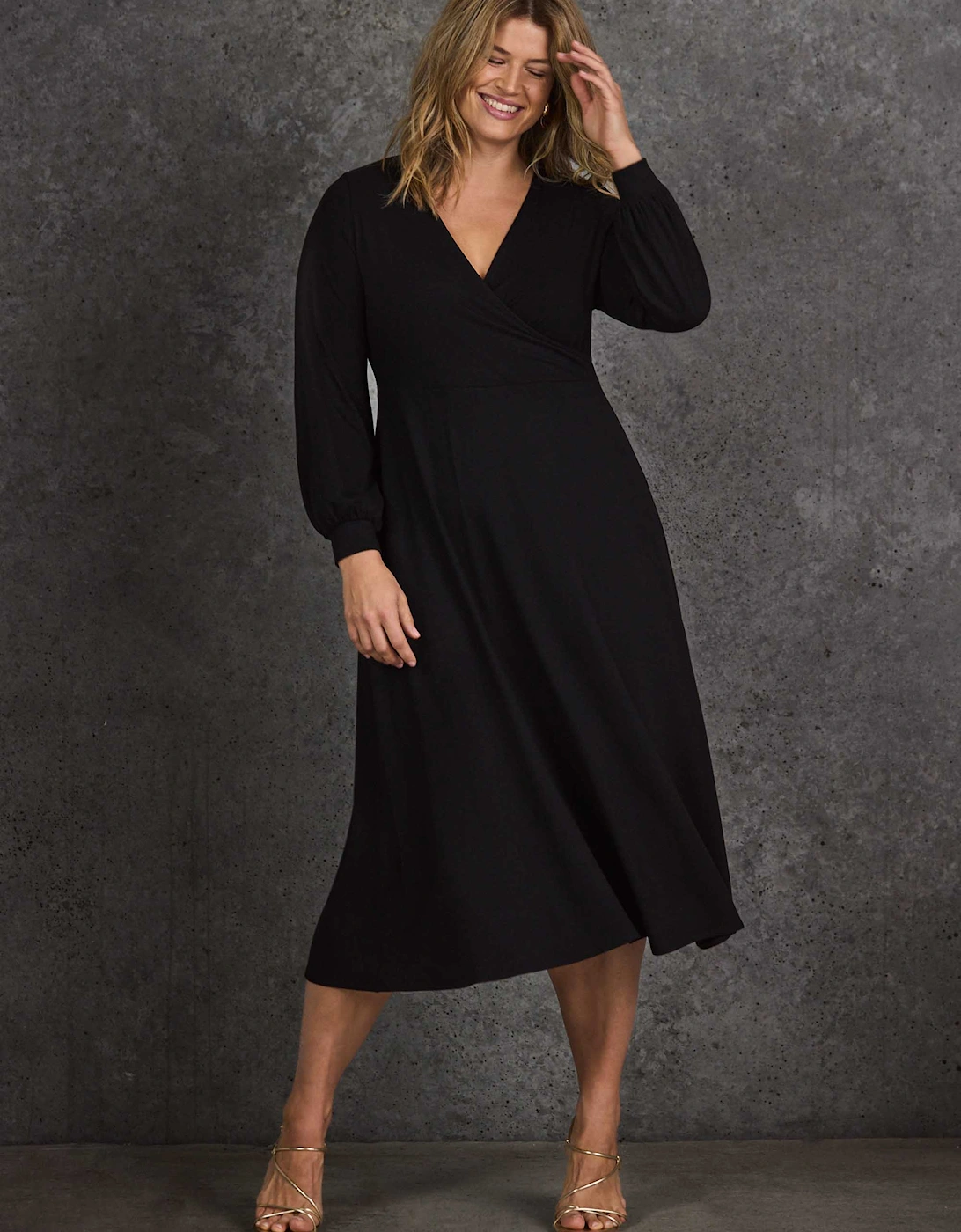 Petite Black Jersey Wrap Midi Dress with Blouson Sleeves