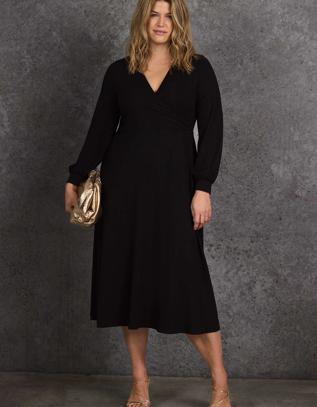 Petite Black Jersey Wrap Midi Dress with Blouson Sleeves