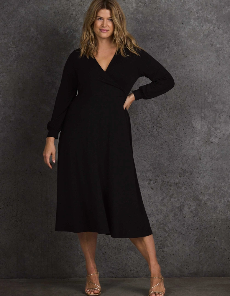 Petite Black Jersey Wrap Midi Dress with Blouson Sleeves