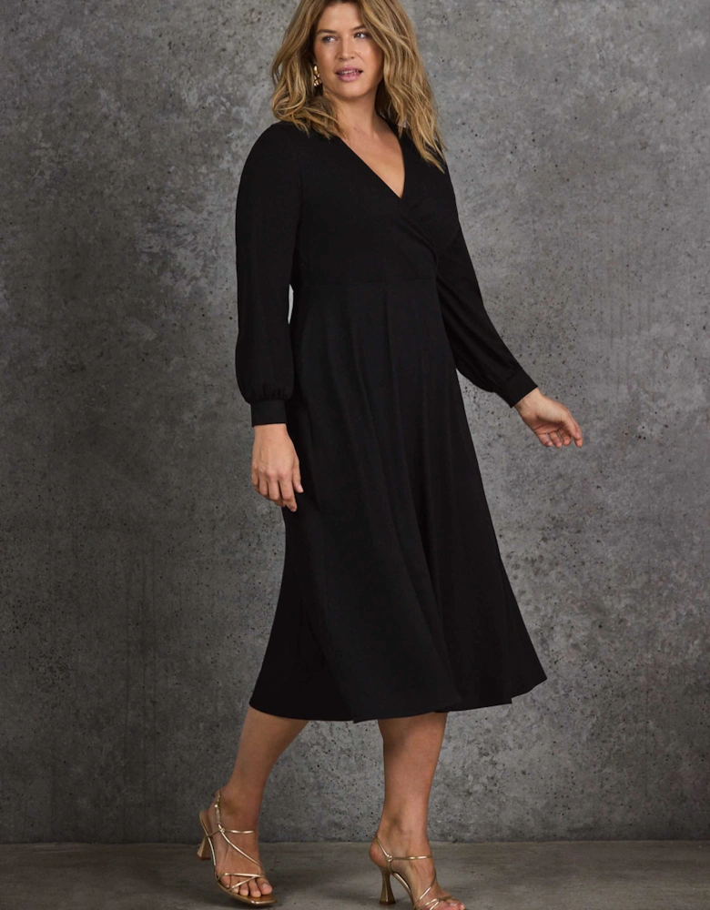 Petite Black Jersey Wrap Midi Dress with Blouson Sleeves