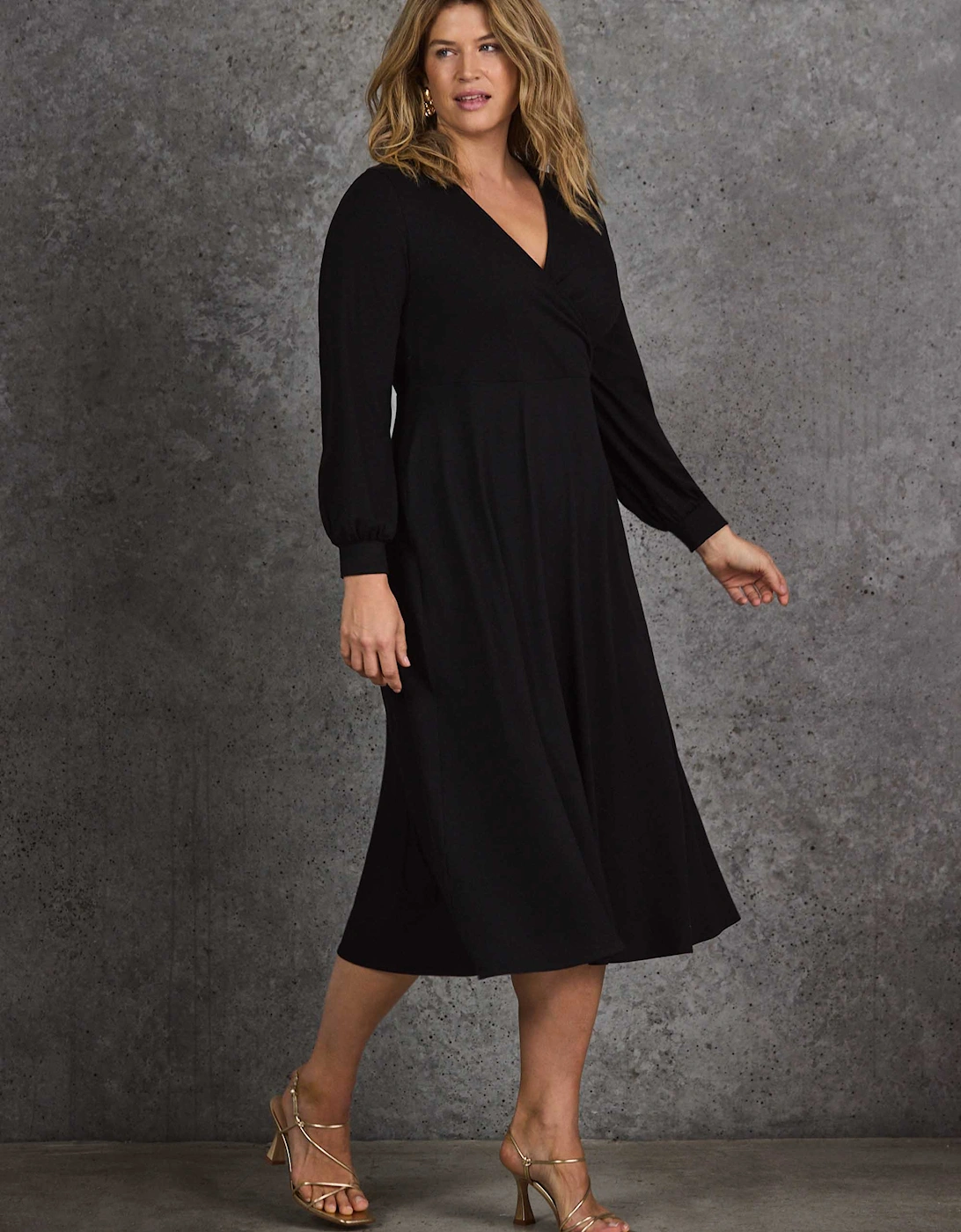 Petite Black Jersey Wrap Midi Dress with Blouson Sleeves