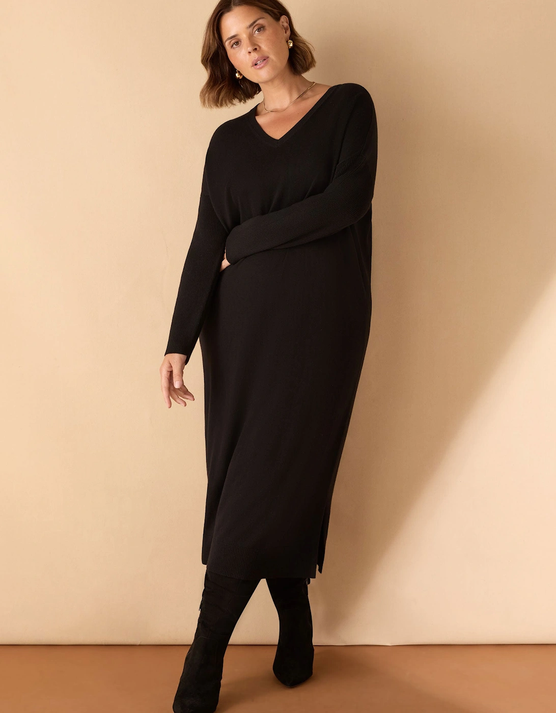 Black V Neck Knit Jumper Dress