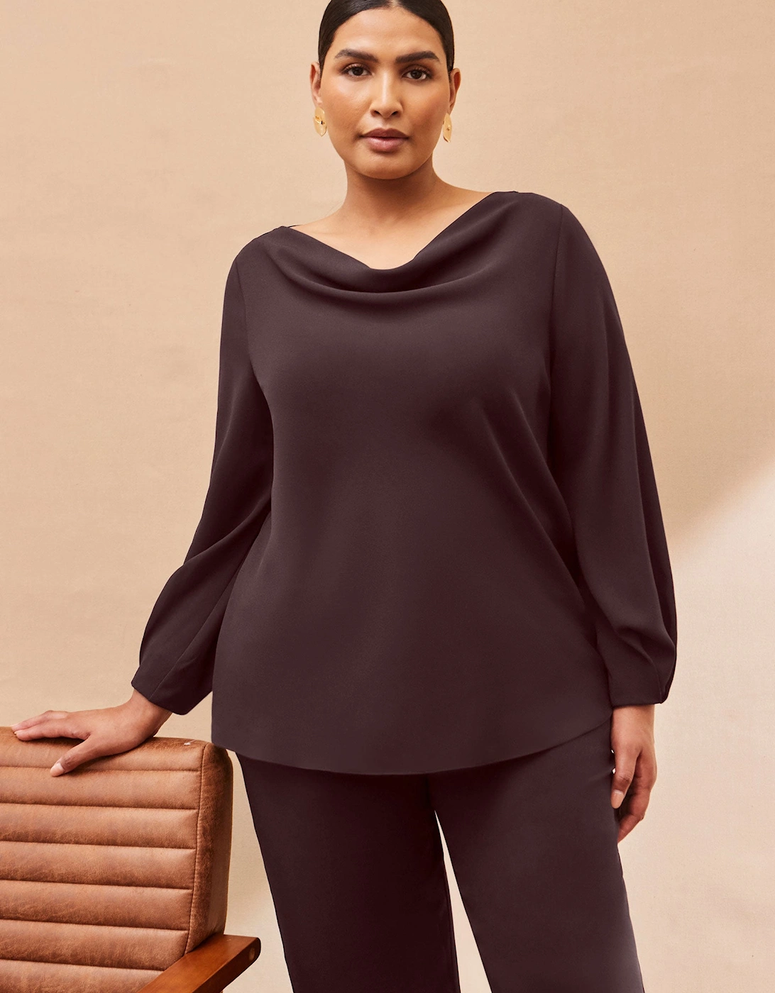 Chocolate Cowl Neck Blouson Sleeve Blouse
