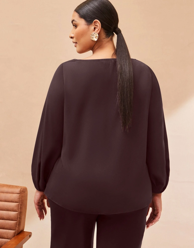 Chocolate Cowl Neck Blouson Sleeve Blouse