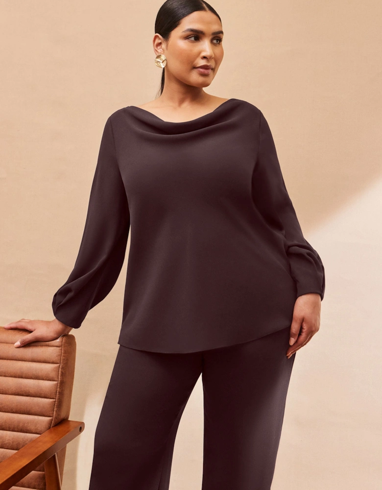 Chocolate Cowl Neck Blouson Sleeve Blouse