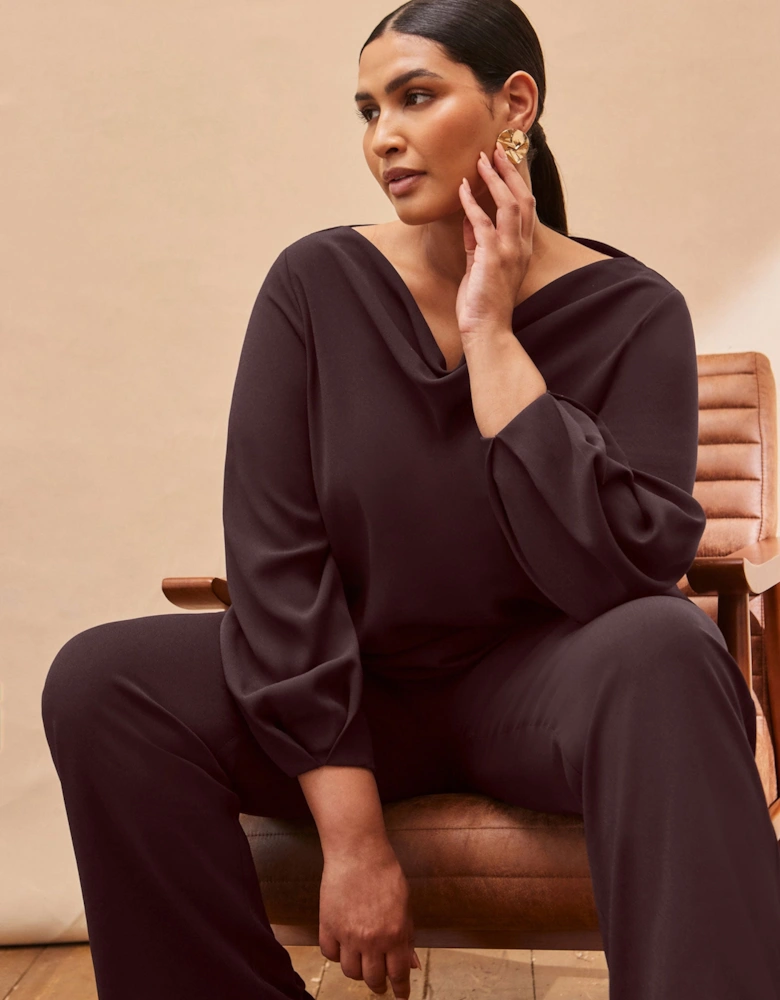 Chocolate Cowl Neck Blouson Sleeve Blouse
