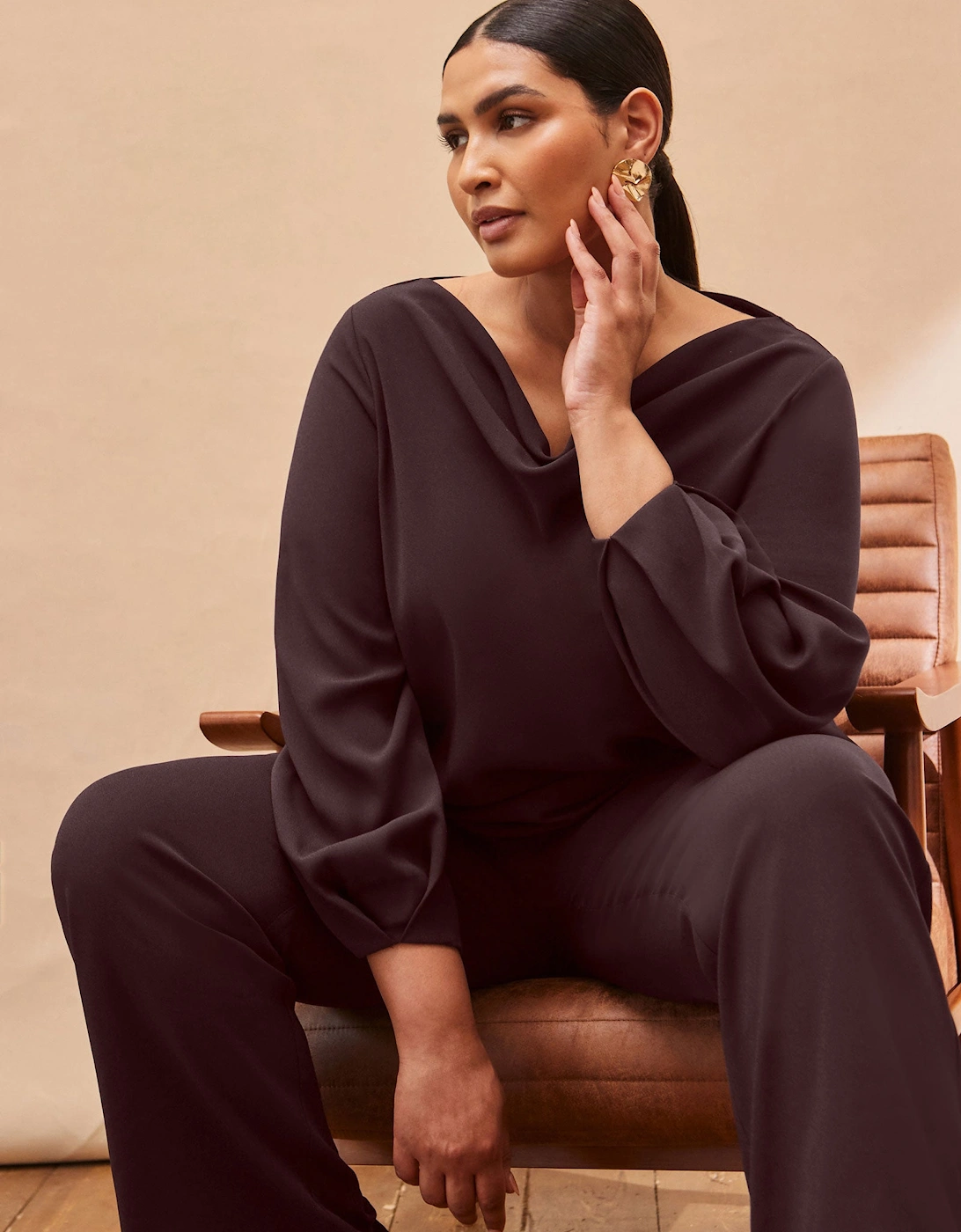 Chocolate Cowl Neck Blouson Sleeve Blouse