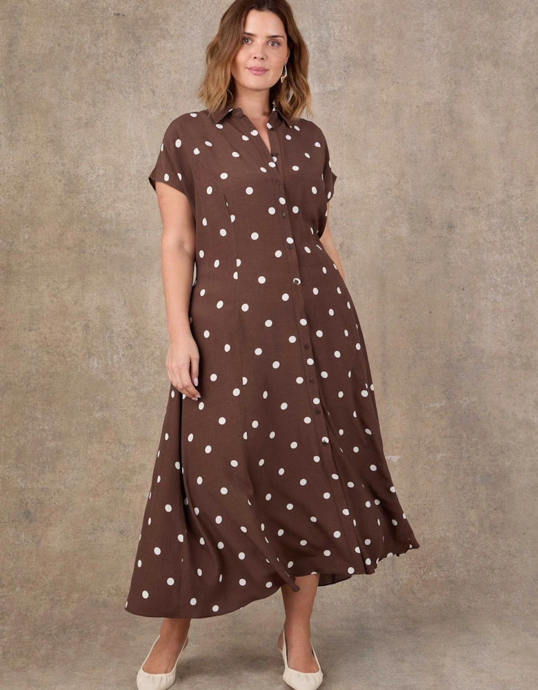 Brown Polka Dot Print Midaxi Shirt Dress