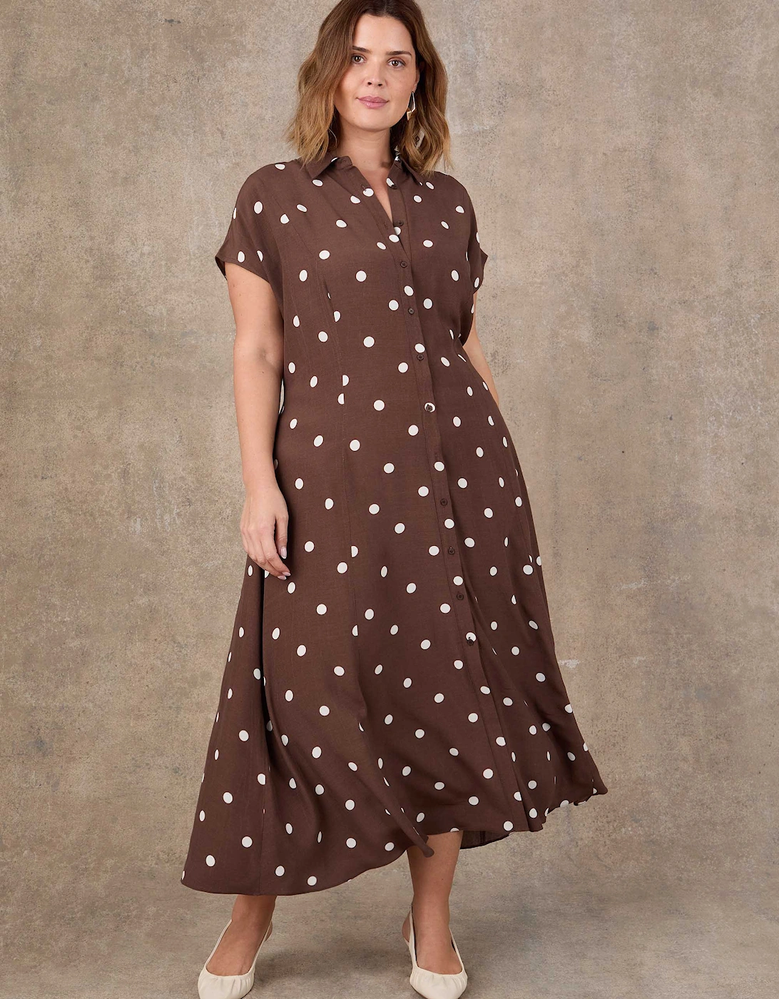 Brown Polka Dot Print Midaxi Shirt Dress, 6 of 5