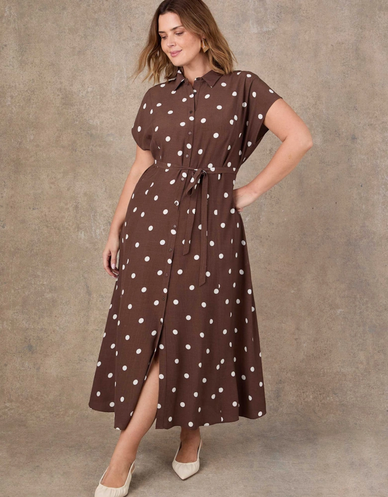 Brown Polka Dot Print Midaxi Shirt Dress