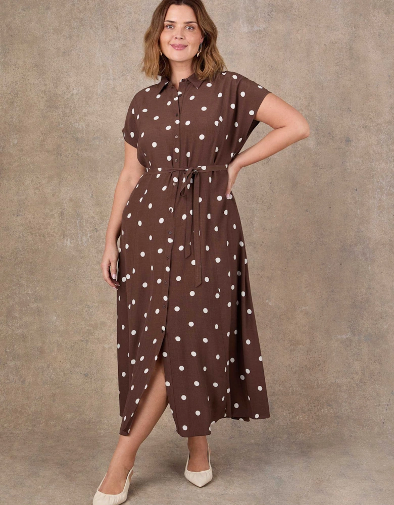 Brown Polka Dot Print Midaxi Shirt Dress