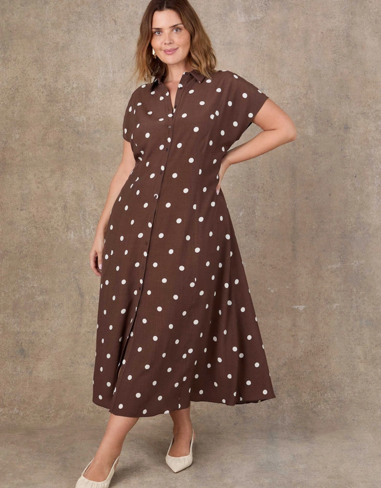 Brown Polka Dot Print Midaxi Shirt Dress