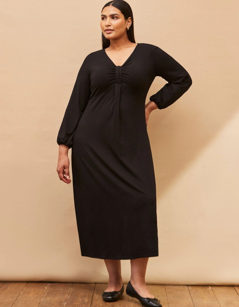 Black Jersey Pleat Front Midi Dress