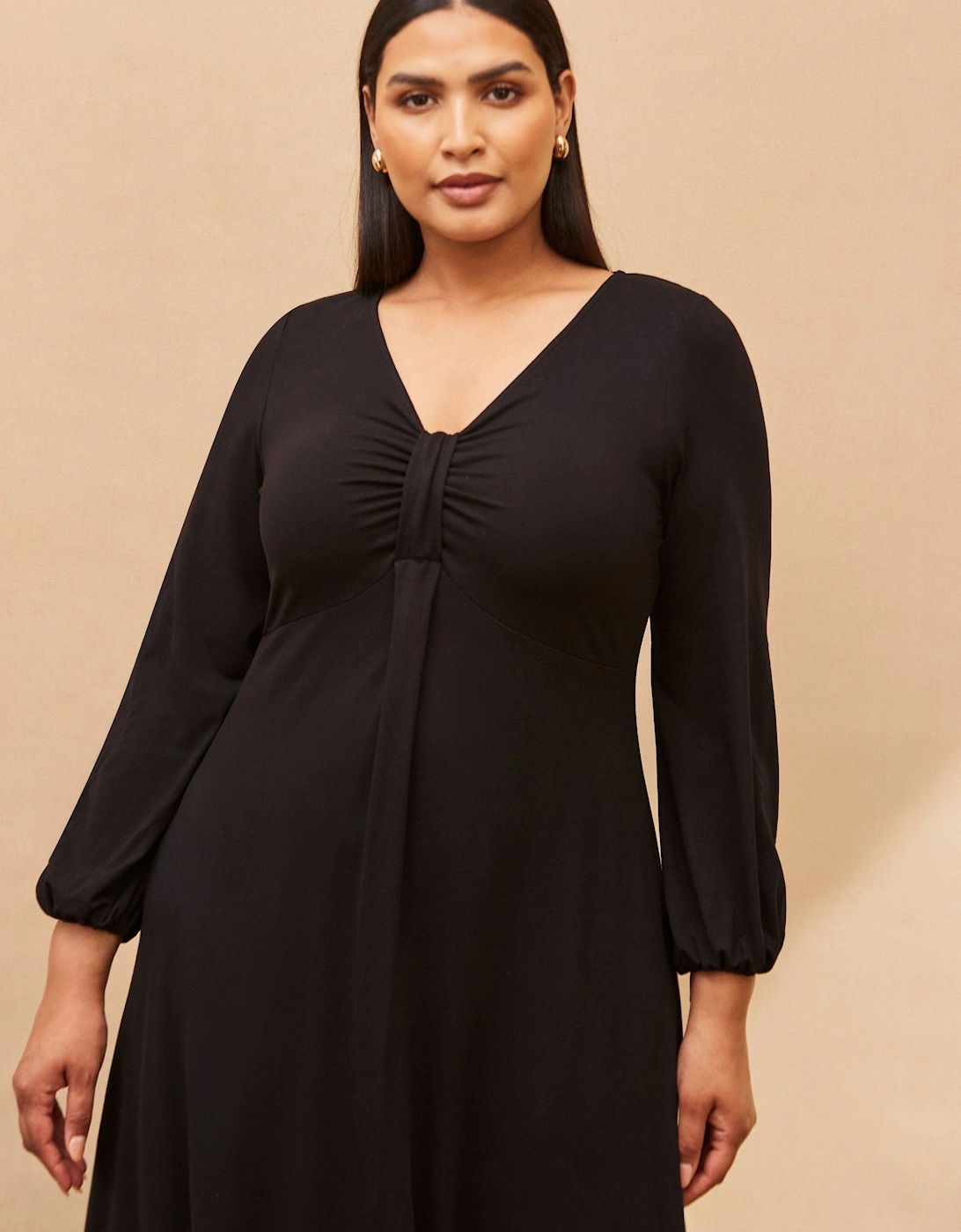 Black Jersey Pleat Front Midi Dress