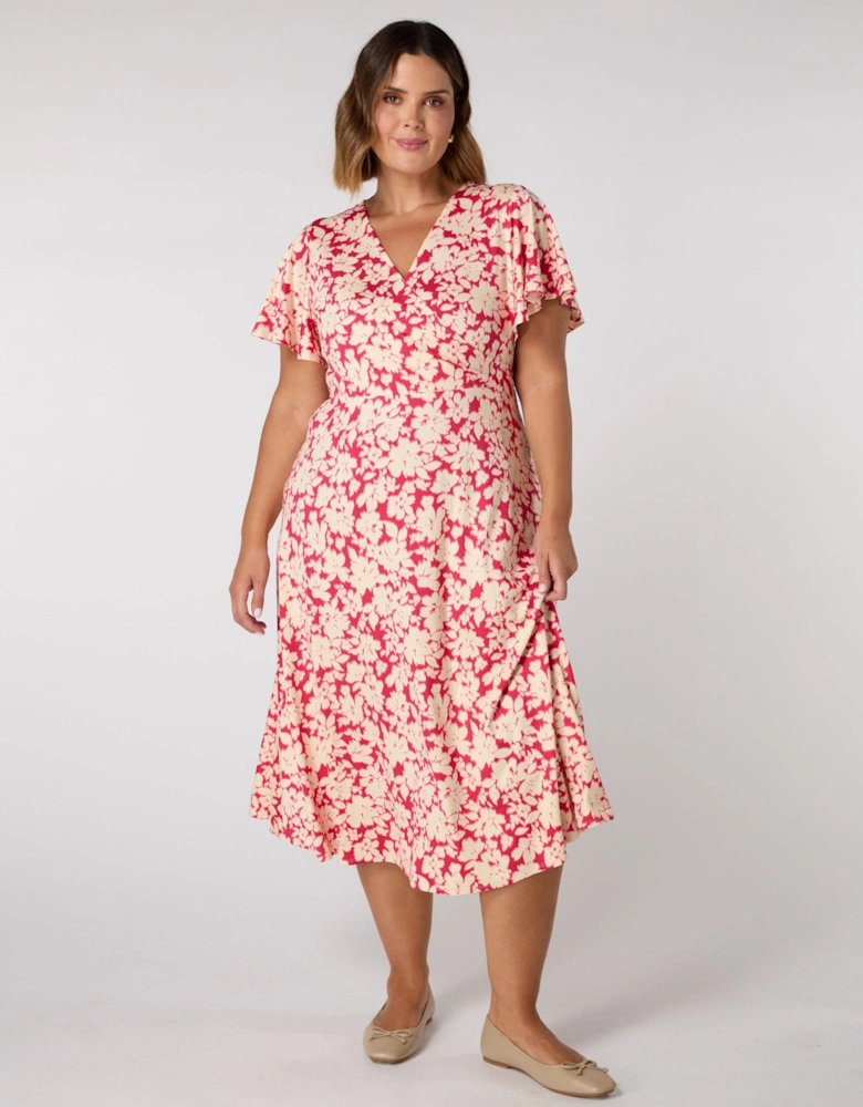 Raspberry Floral Print Flutter Sleeve Wrap Dress