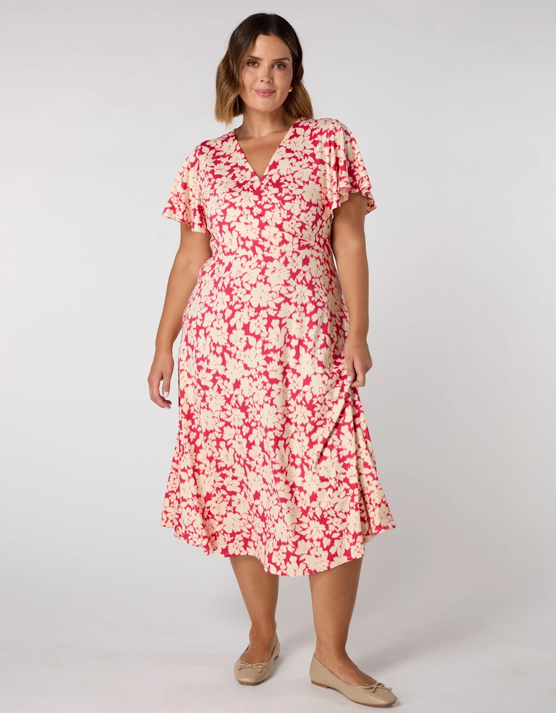Raspberry Floral Print Flutter Sleeve Wrap Dress