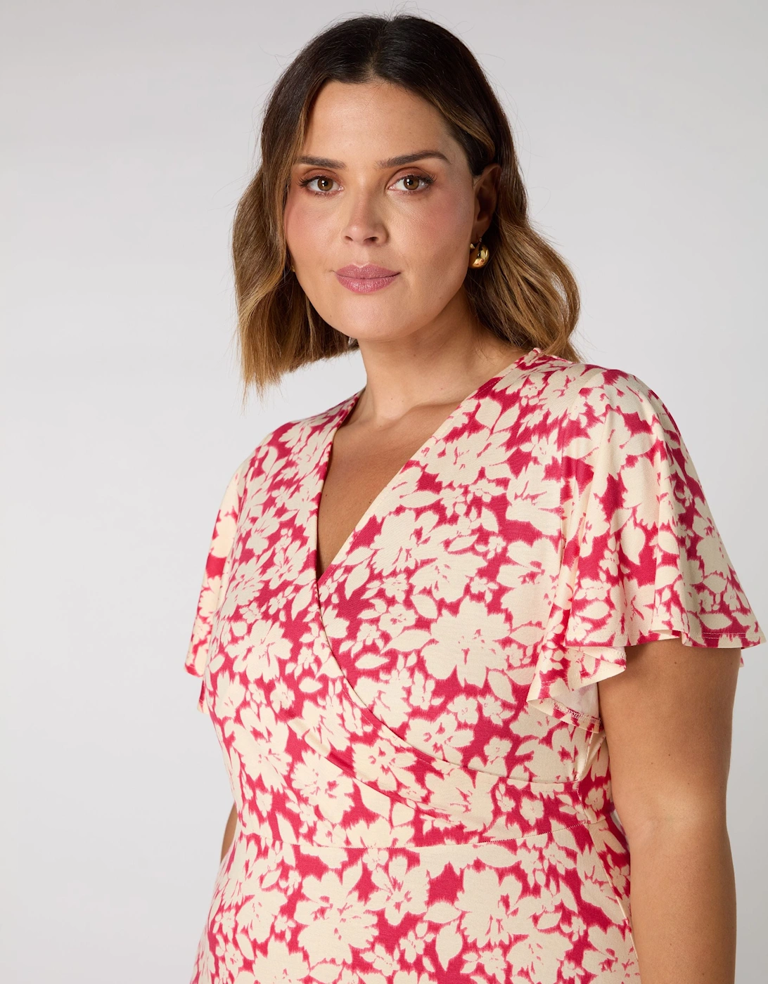 Raspberry Floral Print Flutter Sleeve Wrap Dress