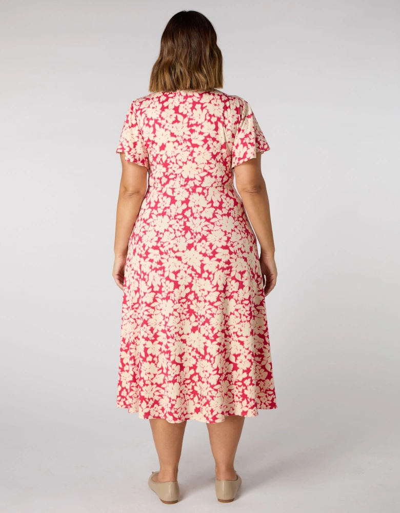 Raspberry Floral Print Flutter Sleeve Wrap Dress