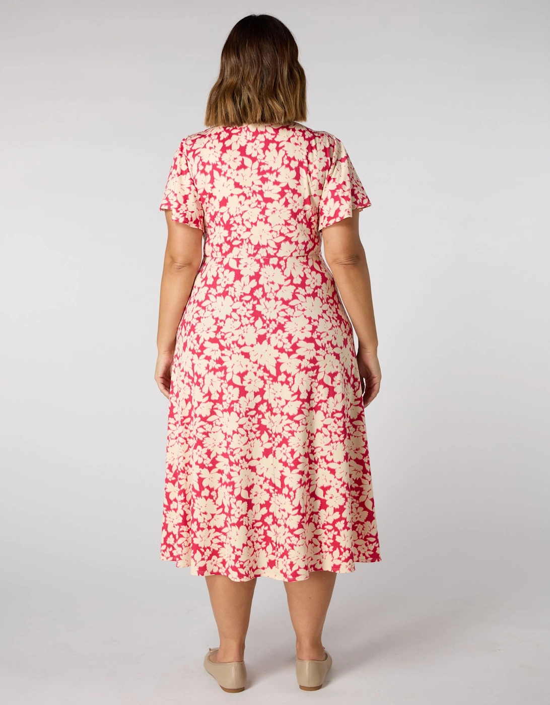 Raspberry Floral Print Flutter Sleeve Wrap Dress