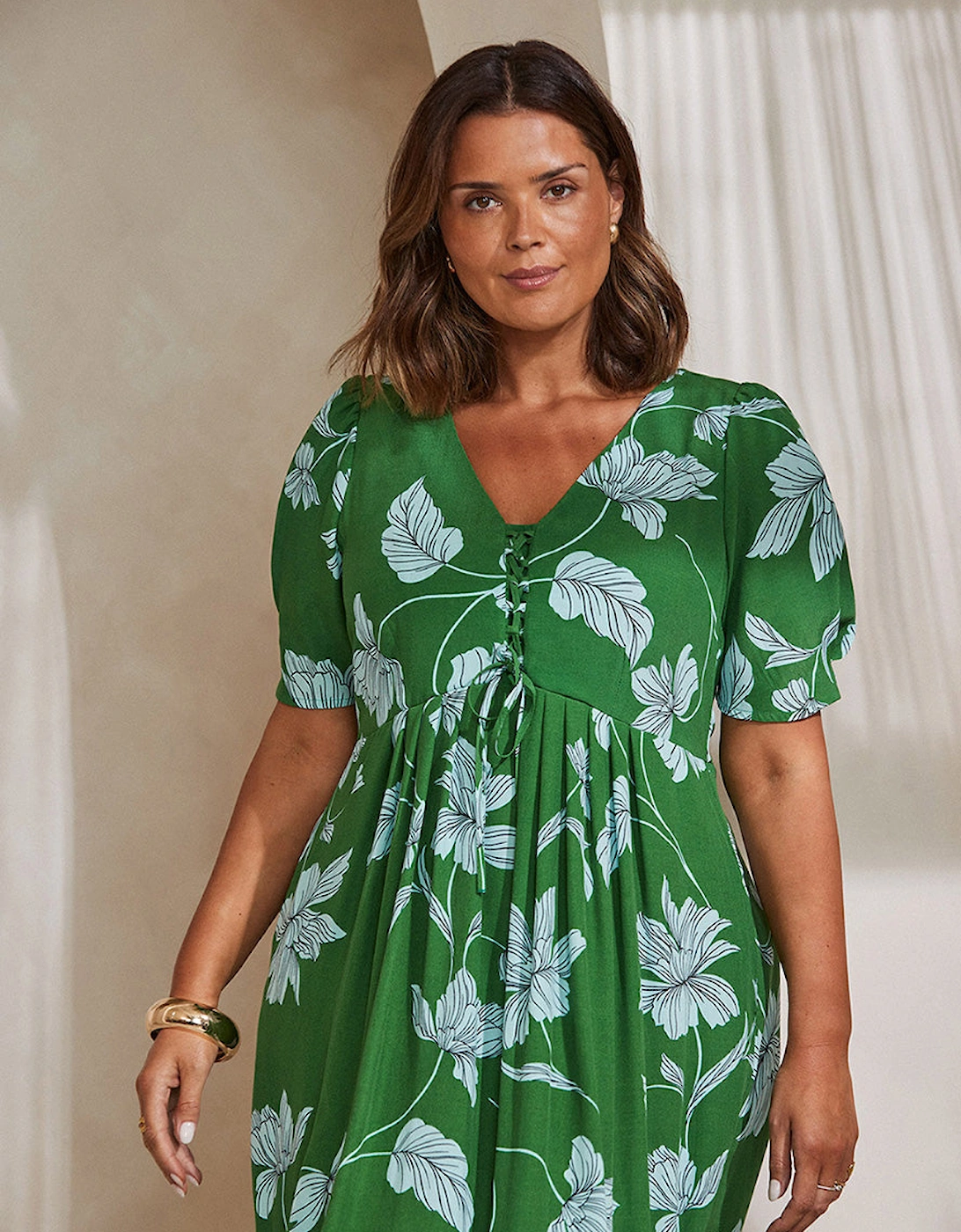 Green Floral Print Short Sleeve Lace Up Dress