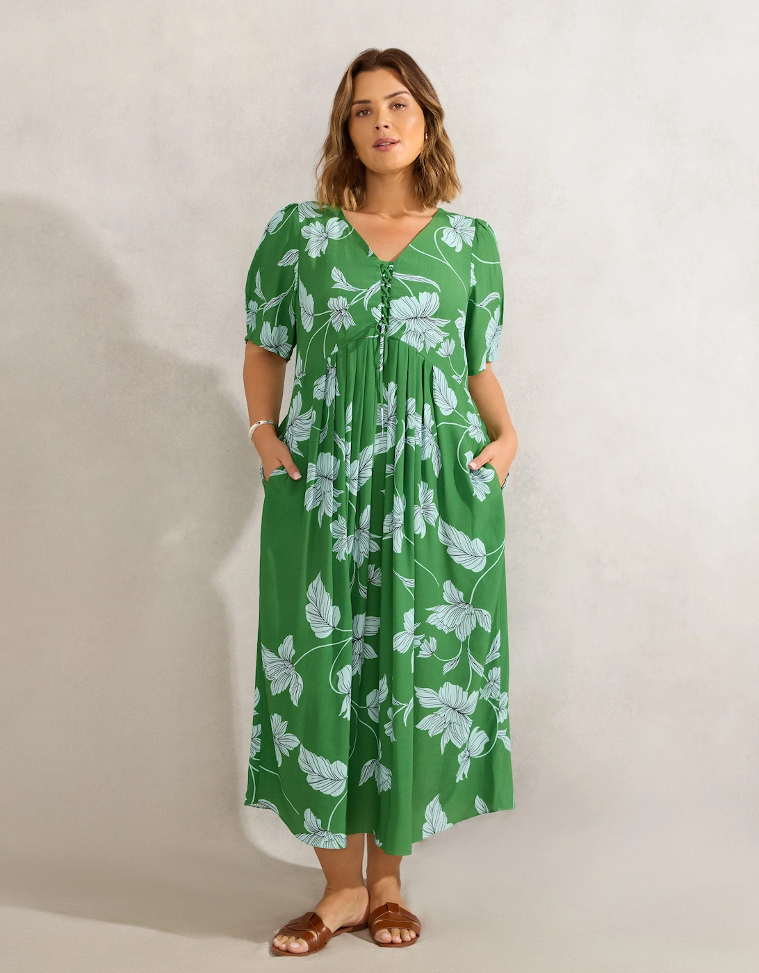Green Floral Print Short Sleeve Lace Up Dress
