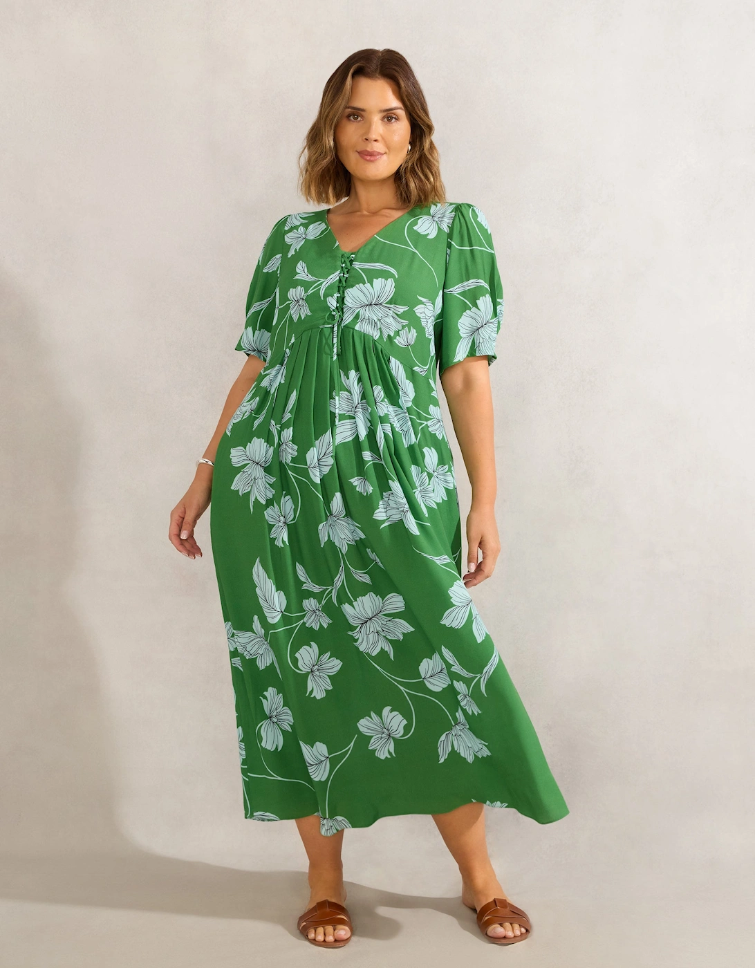 Green Floral Print Short Sleeve Lace Up Dress